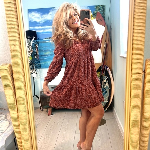 Rachel Ashwell Rust Paisley Tiered Boho Mini Dress EUC Long Sleeve Size S - Picture 8 of 11